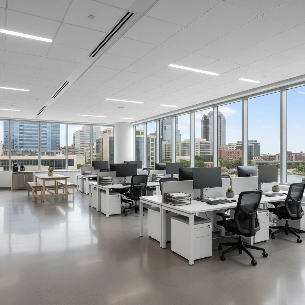Clean open-plan office space in Fort Worth with polished floors and organized workstations