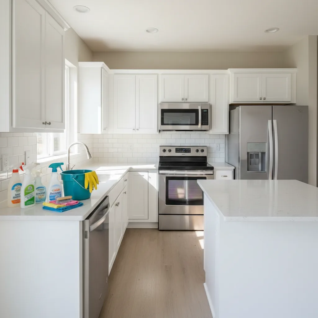 Empty residential kitchen being cleaned top to bottom with supplies on the counter